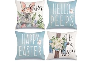 GEEORY Happy Easter Pillow Covers 18x18 Inch Set of 4, Floral Rabbit Bunny Hello Peeps Cross He is Risen Farmhouse Decorative Throw Pillowcases for Home Sofa Couch Decoration (Blue) G491-18
