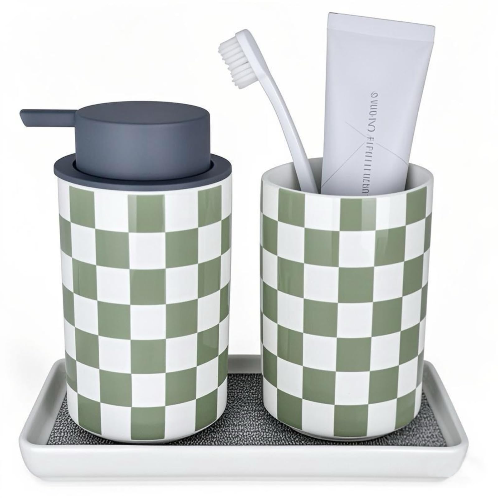 Photo 1 of Bathroom Toothbrush Holder Set, Ceramic Soap Dispenser and Tooth Brush Holder Set, Modern Bathroom Accessories Sets Countertop, Checkered Bathroom Decor, Sage Green Bathrooms Decorative