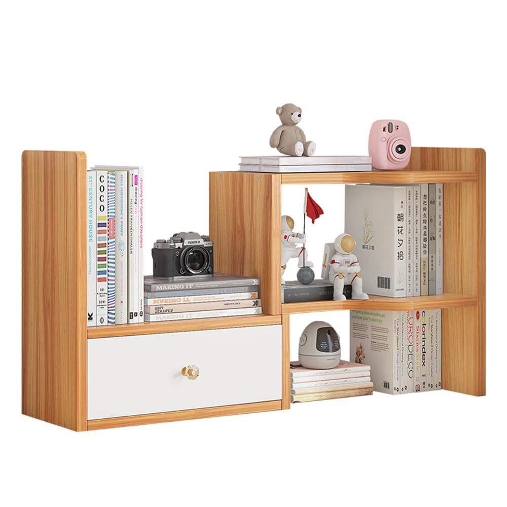 NUODWELL Expandable Desktop Bookshelf, Freestanding Adjustable Office Storage Rack Desk Tidy Organiser Countertop Bookcase for Office & Home (Cherry Wood)