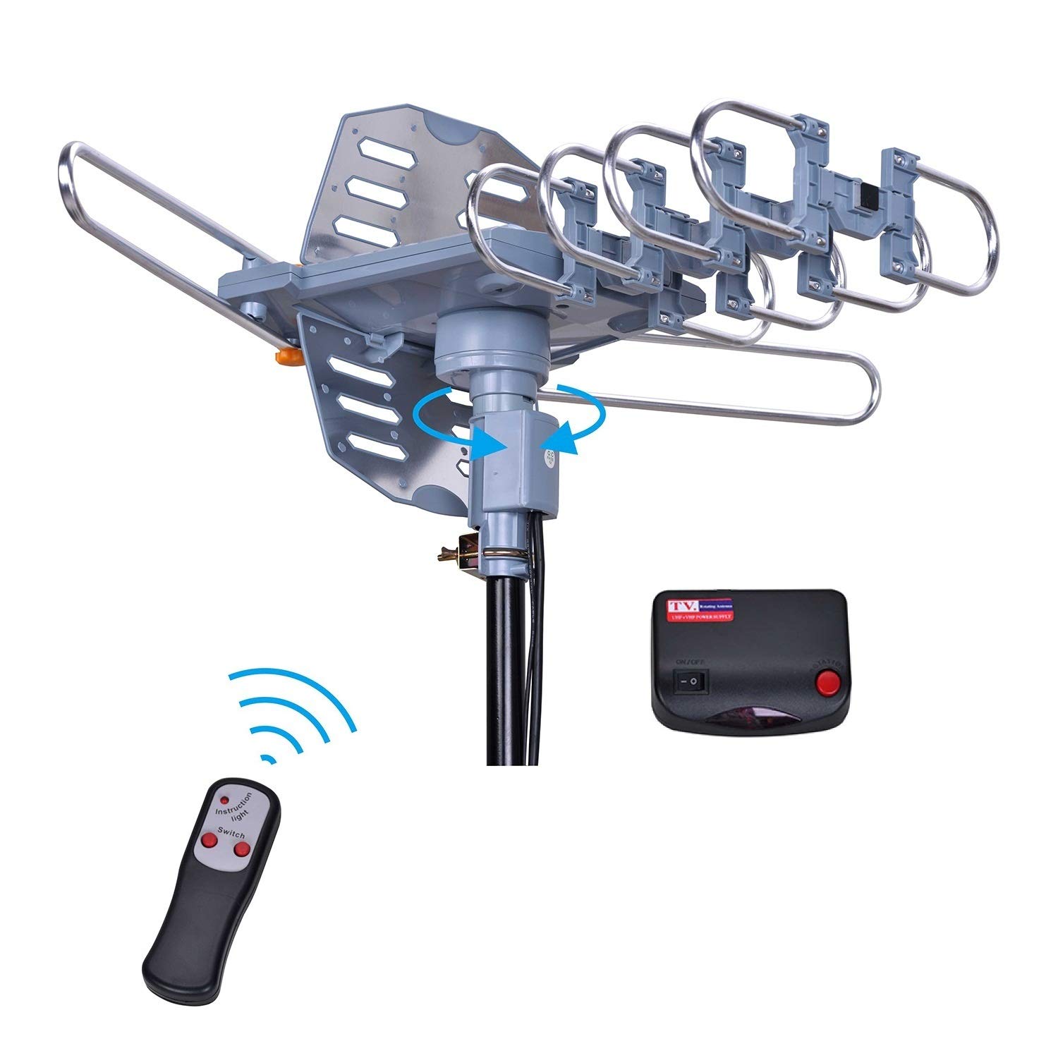 Will Brands 150+Miles Range Outdoor Amplified Digital TV Antenna-4K/1080p High Reception 40FT RG6 Cable-Motorized 360Degree Rotation Wireless Remote Control with Snap On Installation-2TVs Function