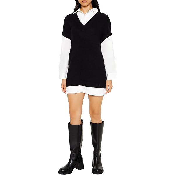 Forever 21 Ribbed Knit Mini Sweater Dress Black Small at Amazon Women's  Clothing store