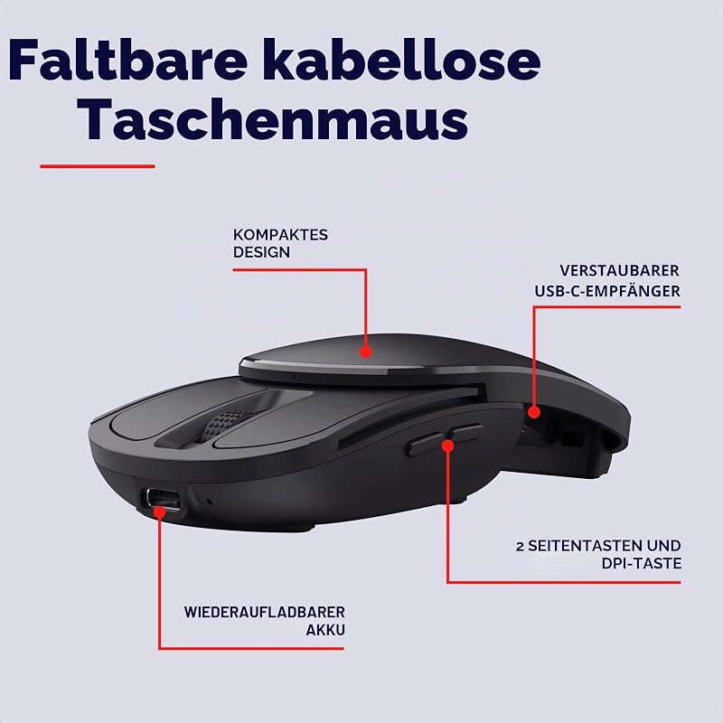 Zylo Faltbare Funkmaus für Laptop, 1000-2400 DPI, Schwarz