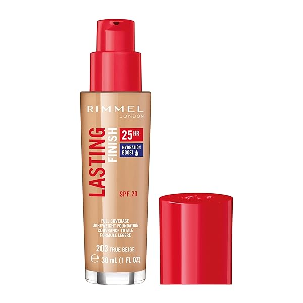 RIMMEL LONDON LASTING FINISH 25HR – 203 TRUE BEIGE – FOUNDATION, 25-HOUR WEAR, FULL COVERAGE, WATERPROOF, 1OZ