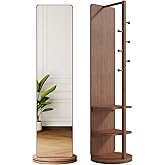 360° Rotating 66"x14" Multifunctional Full Length Mirror with Hook Storage Rack Coat Rack with Mirror Solid Wood Floor Mirror Bedroom Living Room Cloakroom Space Saving (Walnut)