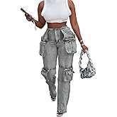 OLAMIOSO Women Baggy Denim Cargo Straight Leg Jeans with Pockets All Over