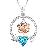 Arrow Rose Heart Pendant Necklace - 925 Sterling Silver Adjustable Chain Blue Zircon Valentine's Gift for Her Women's Jewelry DP0352W