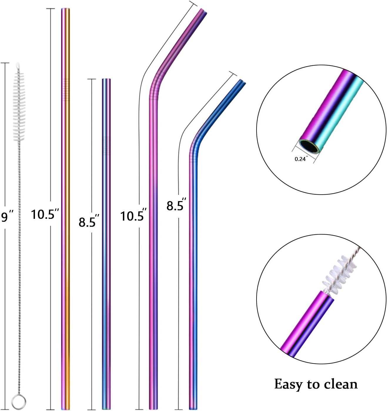Metal Straws Stainless Steel Straws,Set of 8 10.5" 8.5" Reusable Rainbow Multi-Colored Drinking Straws for 30/20oz Tumbler Cold Beverage,Eco-friendly Metal Straws with 2 Cleaning Brushes 1 Case: Health & Personal Care