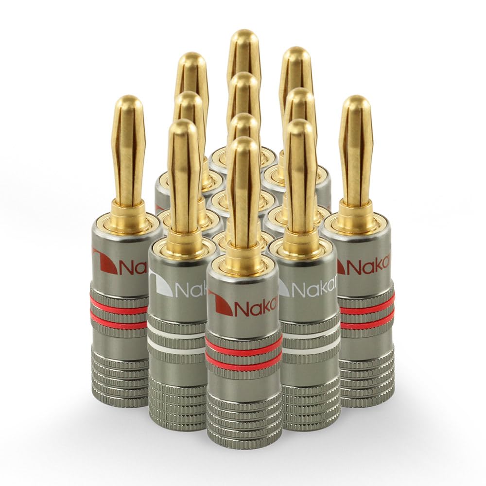 Nakamichi Ultimate Series 24k Gold Plated Beryllium Red Copper Banana Plug 12 AWG - 18 AWG Gauge Size 4mm for Speakers Amplifier Hi-Fi Stereo Receiver Audio Wire Cable Connector 12 Pcs (6-Pairs)