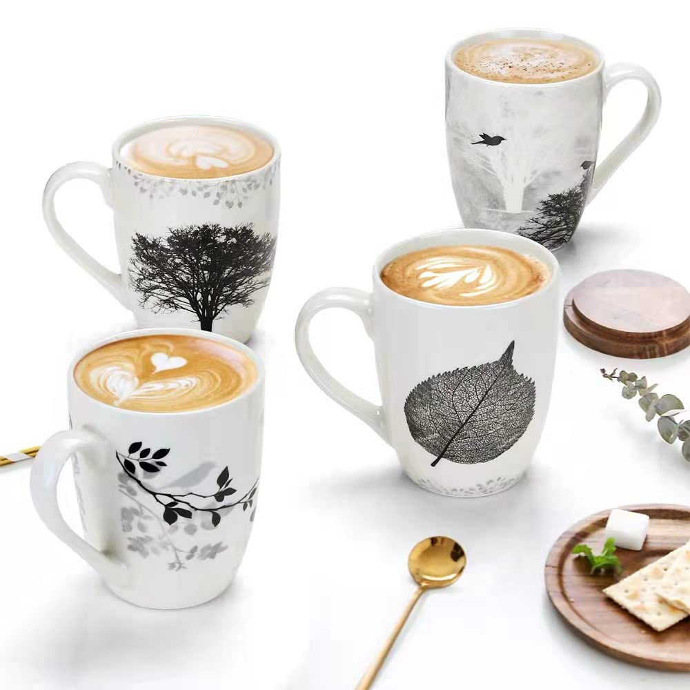 MACHUMA Set of 4 Coffee Mug Sets, 350ML/12 OZ Ceramic Coffee Mugs, Set with Different Tree Patterns Coffee Cup