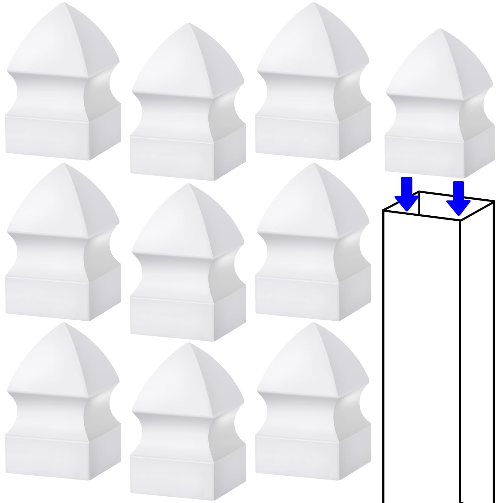 Photo 1 of Lothee 10 Pcs Gothic Vinyl Fence Post Caps Picket Fence Caps PVC Decking Weatherproof Outdoor Post Cover for Vinyl Decks, Patios, Porches, or Mailbox, White (1 1/2" x 1 1/2")