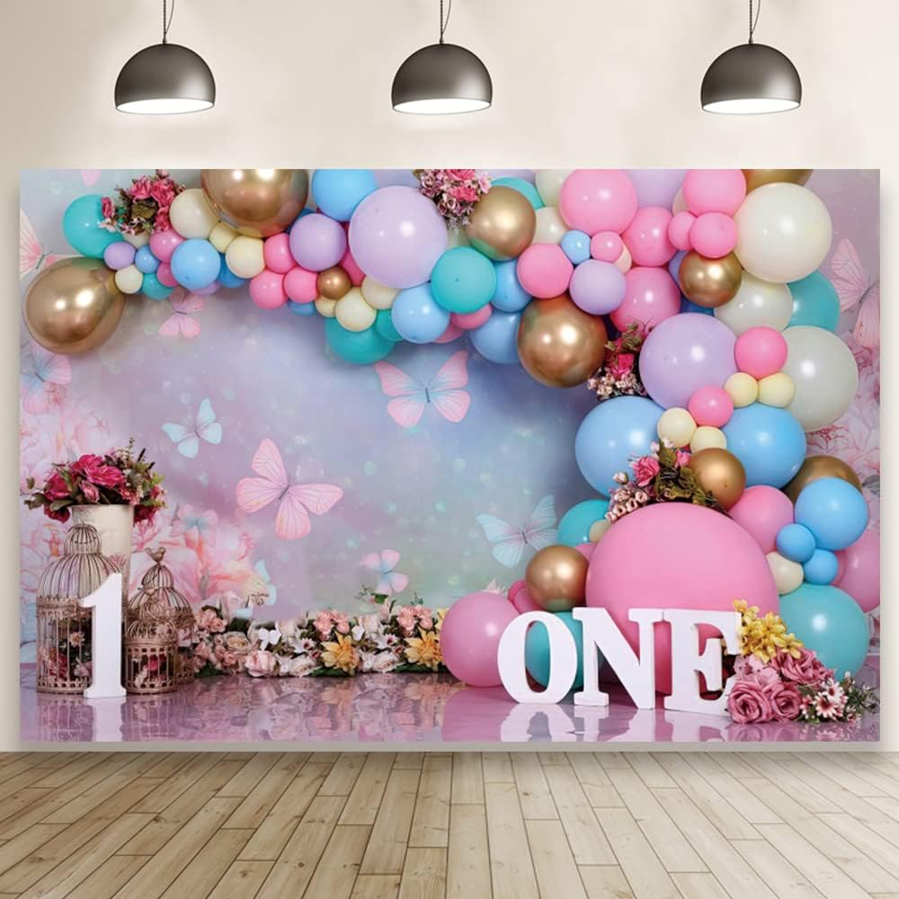 First Birthday Backdrop for Girl Flower Pink Purple Balloon Backdrops Sweet One Year Old Photography Cake Smash Background for Baby Girl Flowers Butterfly Kids 1st Birthday Banner Decorations 7x5ft