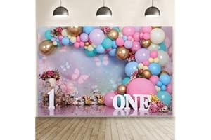 First Birthday Backdrop for Girl Flower Pink Purple Balloon Backdrops Sweet One Year Old Photography Cake Smash Background fo