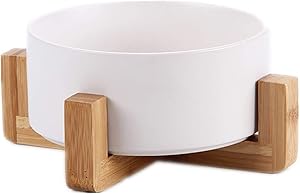 LORVOR Ceramic Pet Bowl for Cat and Small Dog, Bowl with Elevated Wooden Stand for Food and Water Bowl No Tip Over Pet Comfort Feeding Bowls