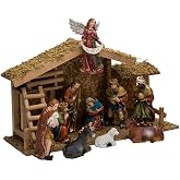 Kurt Adler 12-Piece Nativity Set with Wooden Stable | Free-Standing, Shatterproof Resin Construction, 11 Figures and 1 Stable