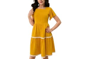 Girls Short Sleeved Solid Color Ruffle Dress Wavy Trim Square Neck Flowy Twirl Midi Dress Loose Casual Fit 4-13 Years