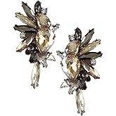 Extra LARGE Antique Retro Art Deco Vintage Style Citrine Amber Champagne Grey Smokey Topaz Marcasite Chunky Statement Rhinestone Pageant Drag Queen Bridal Prom Wedding Cluster Earrings