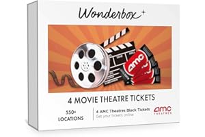 WONDERBOX – AMC Movie Theatres Tickets Bundle - 4 Black Tickets – Original Gift Idea - Experience Gift - 550 Locations in The US