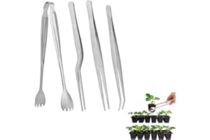 Seedling Transplant Tong & 3pcs Tweezers Set, Stainless Steel Long Thin Seed Starter Seedling Transplanting Pliers Gardening 