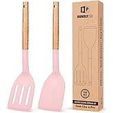 Pack of 2 Silicone Cooking Spatula, Heat Resistant Solid Turner, Non Stick Slotted Spatulas with Wooden Short Handle,Ideal Wood Kitchen Utensils Set for Frying, Baking, Flipping, Turning