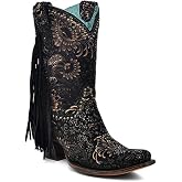 Corral Boots Women's Black Suede Handcrafted Western Boots | Square Toe Ankle Boots with Gold Stamped Floral and Side Fringe Design