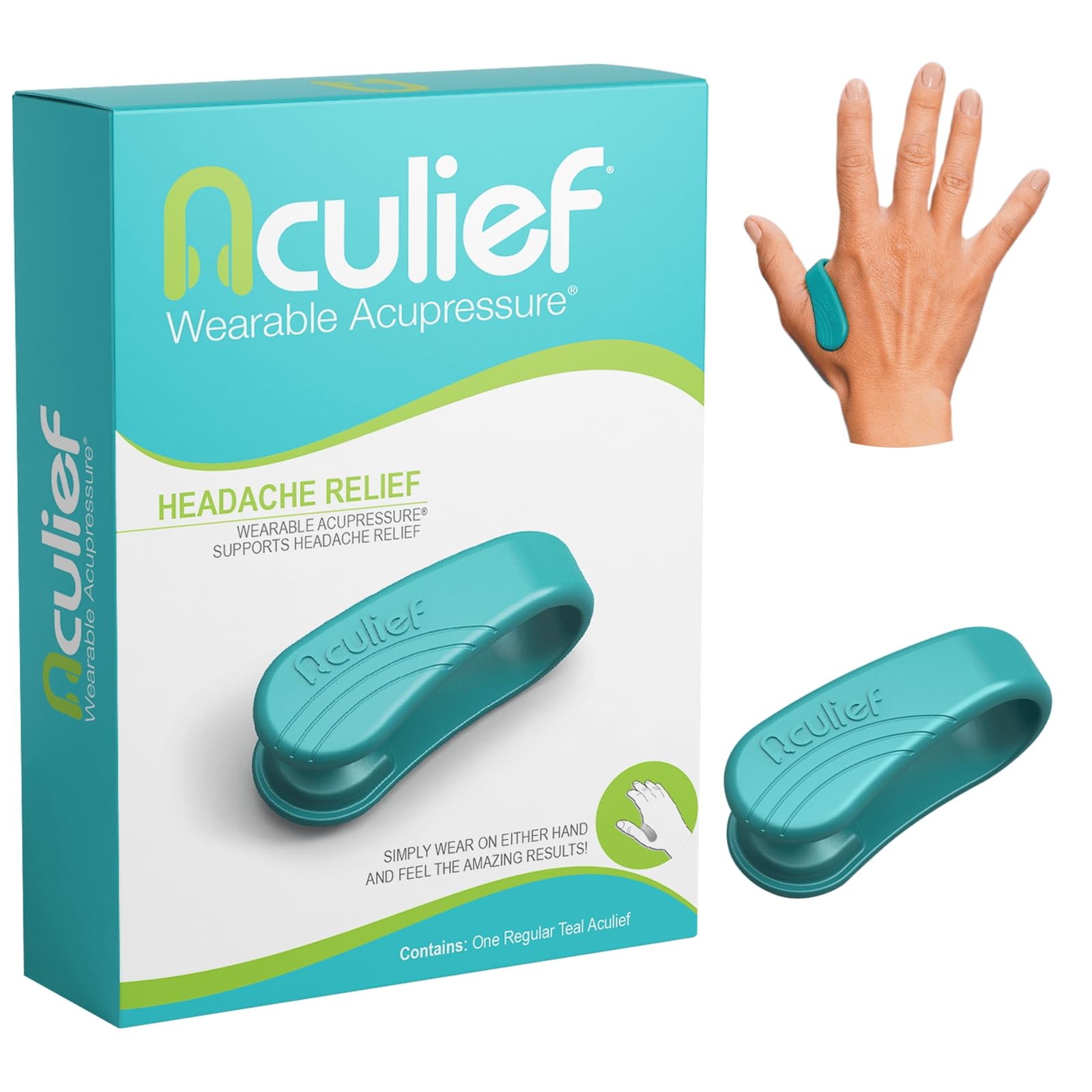 Aculief - Award Winning Natural Headache, Migraine, Tension Relief Wearable – Supporting Acupressure Relaxation, Stress Alleviation, Soothing Muscle Pain-Simple, Easy, Effective 1 Pack (Teal, Regular)