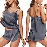 Ekouaer Silk Pajamas for Women Satin Cami Pjs Set V Neck Camisole Shorts Set Adjustable Strap Sleepwear