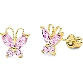 14k REAL Yellow Gold Butterfly Stud Earrings with Screw Back - 4 Different Color Available