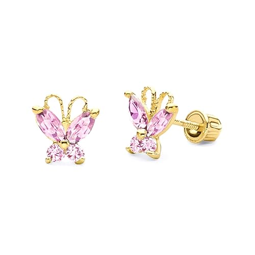 14k REAL Yellow Gold Butterfly Stud Earrings with Screw Back