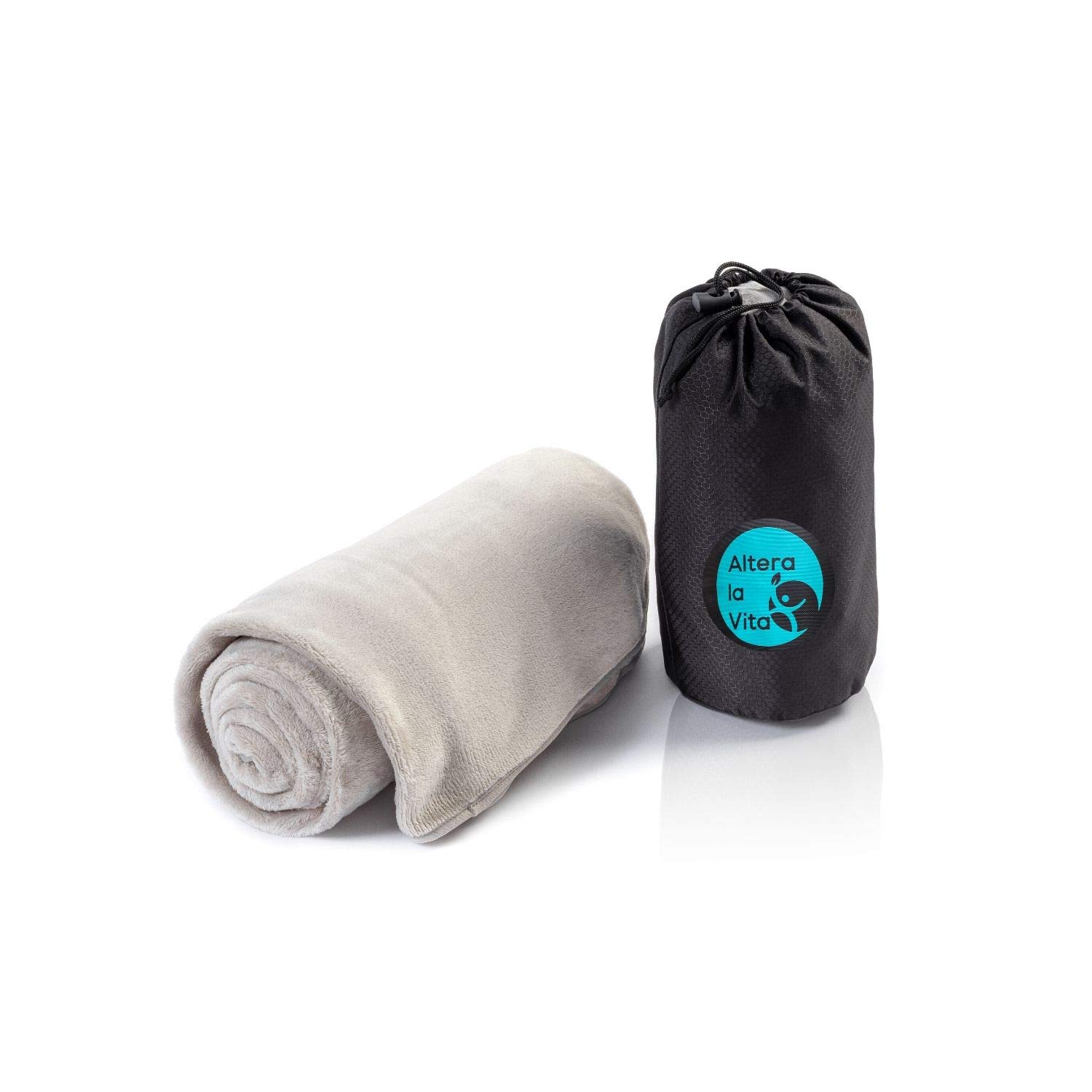 ALTERA LA VITA Travel Blanket, Cuddly Blanket Made of Fleece, Warm and Soft, Compressible, with Bag, 150 x 130 cm, for Travel by Plane, Train or Car, for Outdoor or Camping, gray, 150 x 130 cm - 25x15