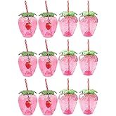DOITOOL Strawberry Plastic Cups with Lids and Straws 12 Pcs Party Drinkware Set for Girls Summer Pool Hawaiian Themed Parties Adorable Strawberry Tumbler Cups