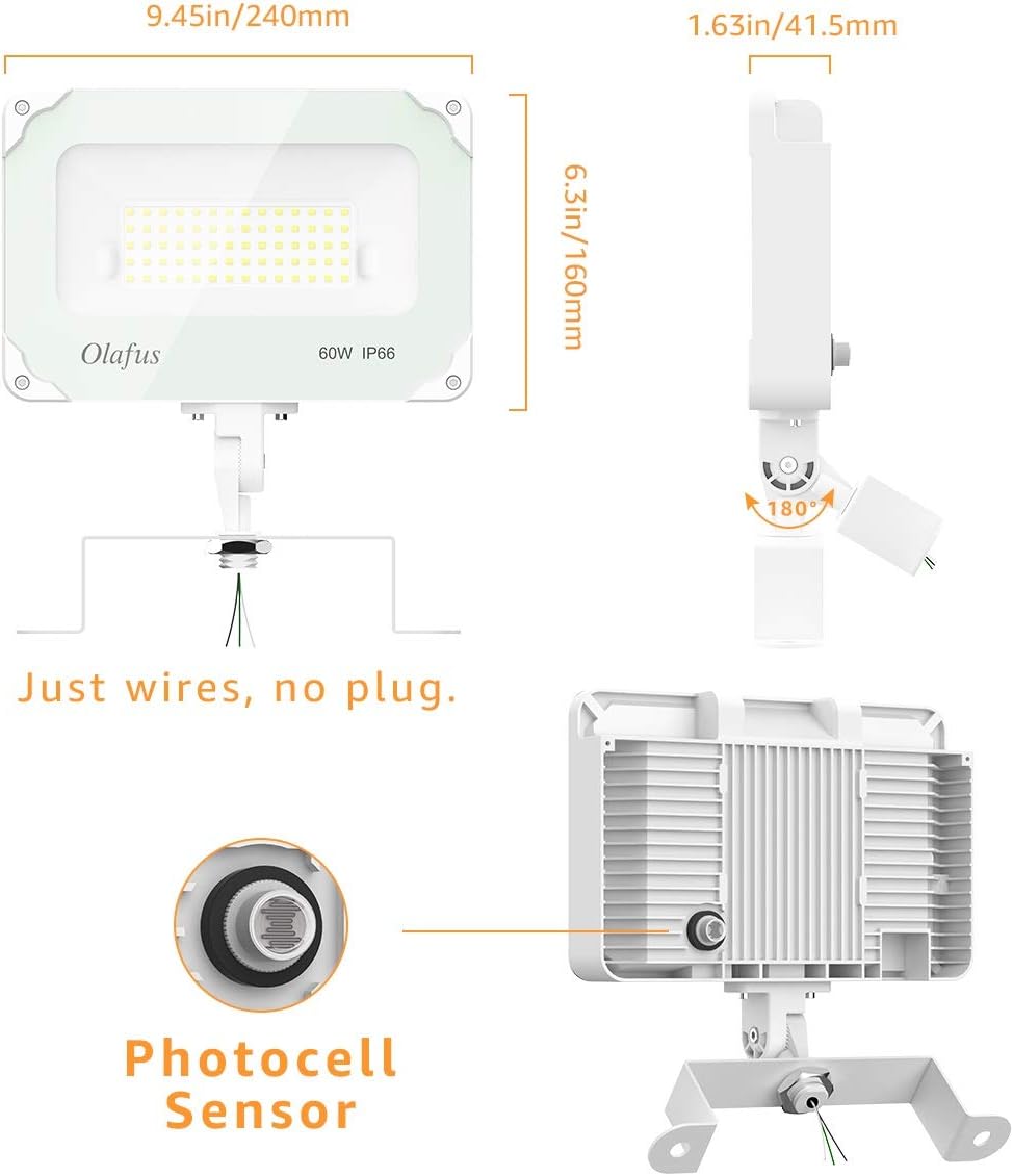 Olafus 2 Pack 60W LED Flood Light Outdoor Dusk to Dawn, 6000LM Photocell Security Lights IP66 Waterproof, Knuckle Mount Outside Lighting, 5000K Daylight Exterior Floodlight for Barn Yard Garage Lawn - - 
