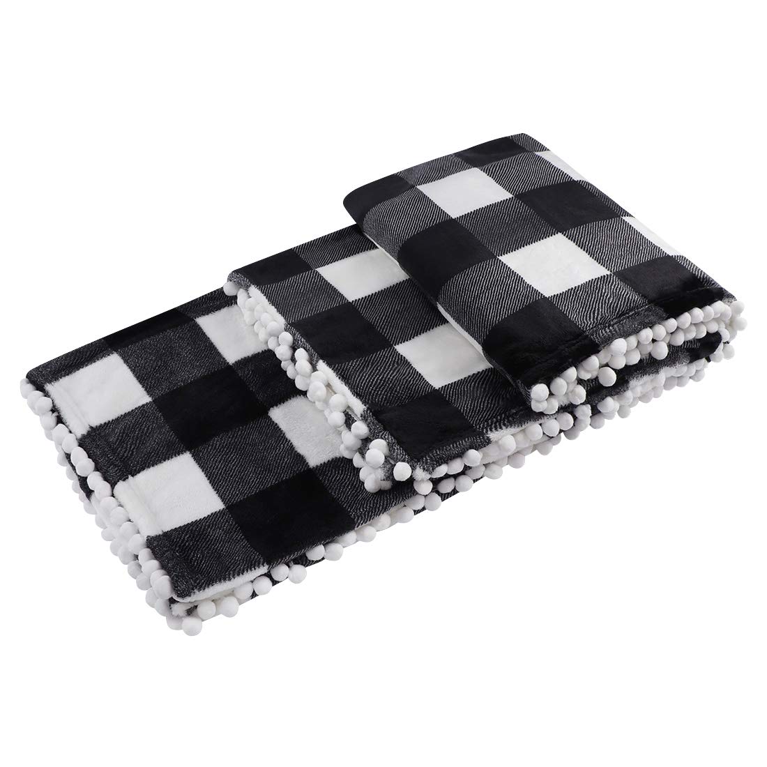 PiccoCasa Buffalo Plaid Flannel Throw Blanket with Pom Poms | Tartan Checkered Fleece Blanket Throw Size | Lighweight Soft Plush Microfiber Blankets for Couch Sofa | 50"x60", Black and White