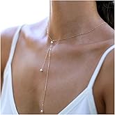 Iaceble Boho Pearl Lariat Y Necklace Long Pearl Y Drop Necklace Chain Gold Pearl Tassel Choker Necklace Imitation Pearl Necklace Chain Jewelry for Women (Gold)