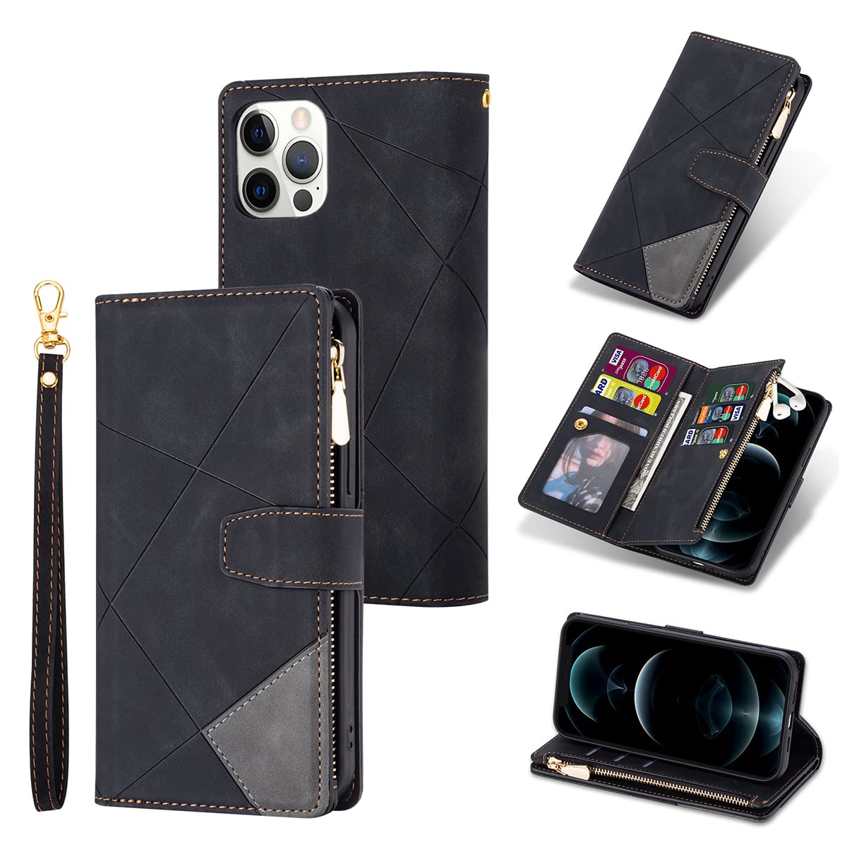 UEEBAI Wallet Case for iPhone 13 Pro 6.1 inch, Vintage Premium PU Leather Cover Flip Case with Card Slots Magnetic Closure Zipper Pocket Kickstand Handbag with Hand Strap - Black Diamond