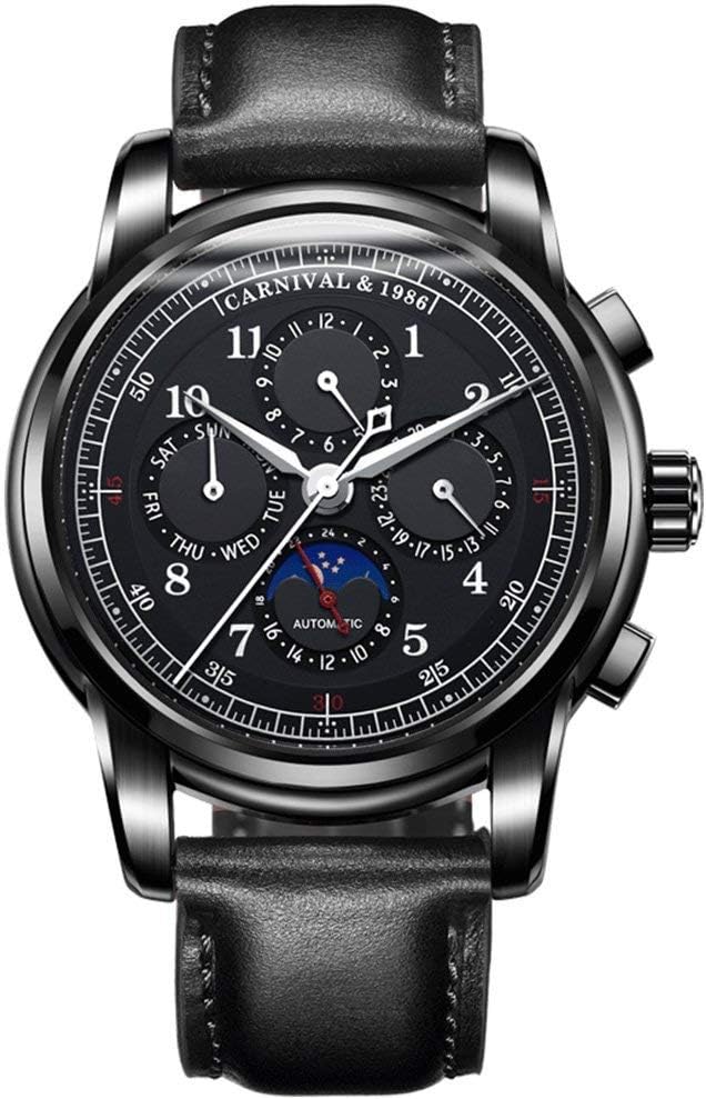 Men's Automatic Mechanical Watch Date Moon Phase 24-Hour Indication Calfskin Leather Transparent Watches