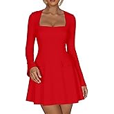 Kaximil Women's Long Sleeve Square Neck Mini Dress A Line Ruffle Work Short Party Dresses