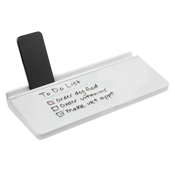 AMAZON BASICS DESKTOP DRY ERASE WHITEBOARD WITH ORGANIZER AND ACCESSORIES, TEMPERED GLASS, 15.7 X 5.4 INCHES, WHITE