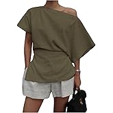 MakeMeChic Women's Summer Asymmetrical Tops Dolman Sleeve Blouse One Shoulder Split Hem Dressy Blouse Shirt