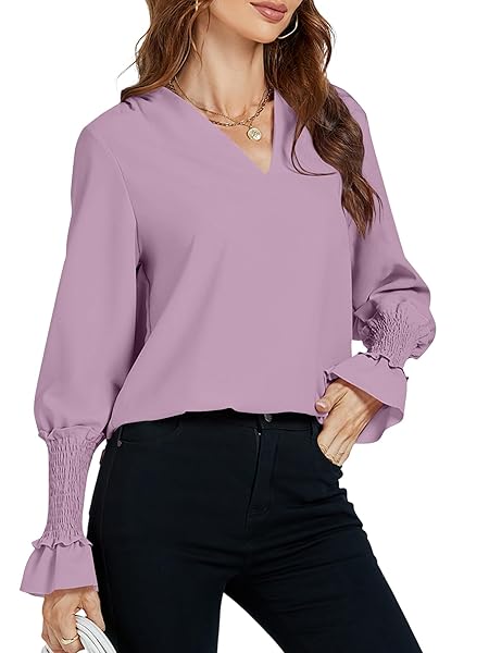 LYANER WOMEN’S V NECK SHIRRED BELL LONG SLEEVE BLOUSE CASUAL TUNIC TOP LILAC LARGE