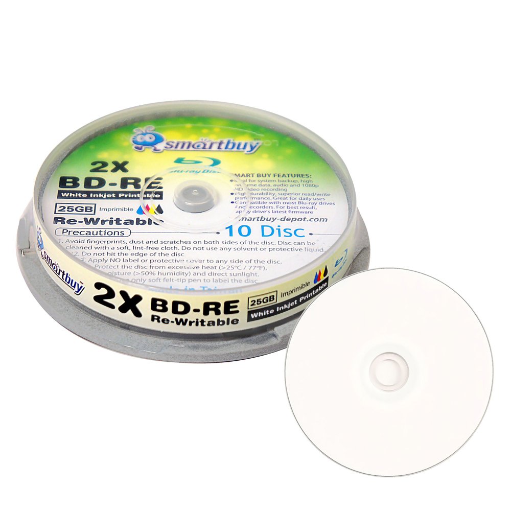 Photo 1 of 10 Pack Smartbuy 2X 25GB Blue Blu-ray BD-RE Rewritable White Inkjet Hub Printable Blank Bluray Disc