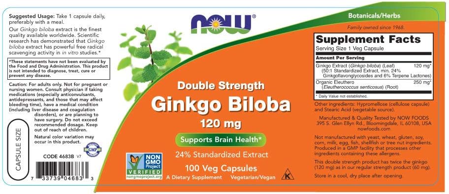 NOW Supplements, Ginkgo Biloba 120 mg, Double Strength, Non-GMO Project Verified, 100 Veg Capsules: Health & Personal Care