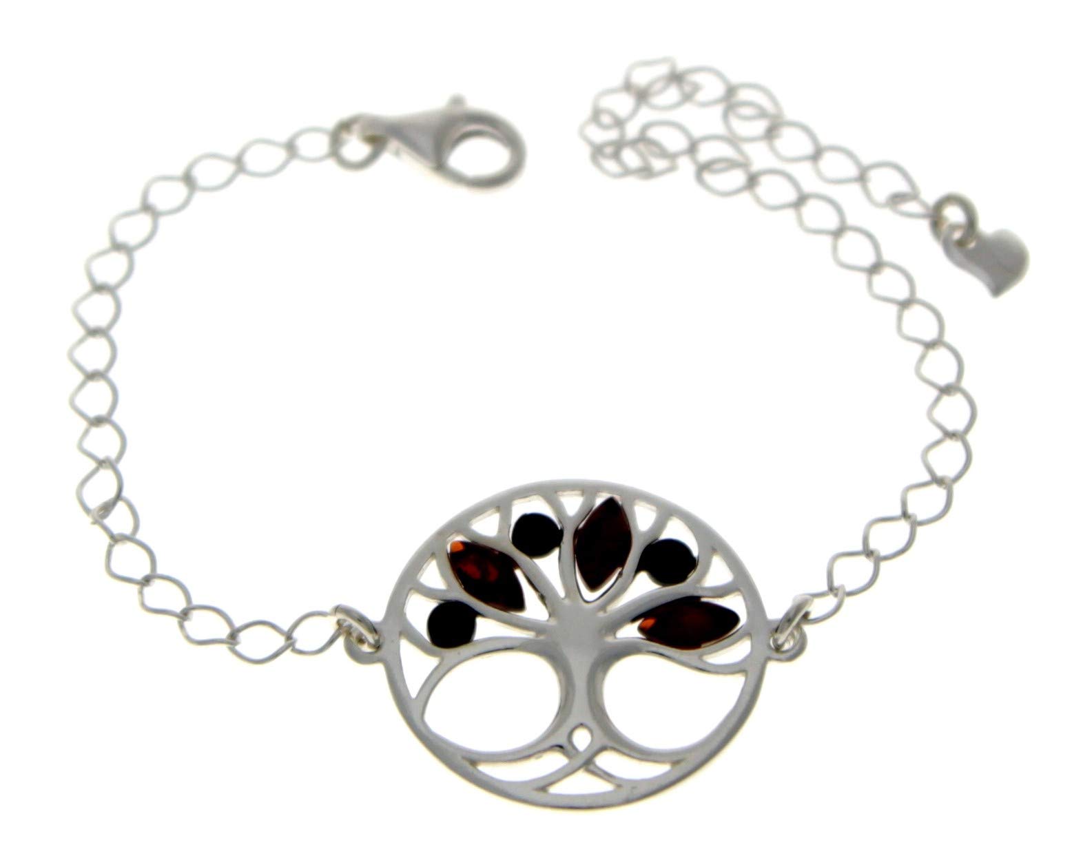 Genuine Cognac Baltic Amber & 925 Sterling Silver Adjustable Tree of Life Bracelet - GL535