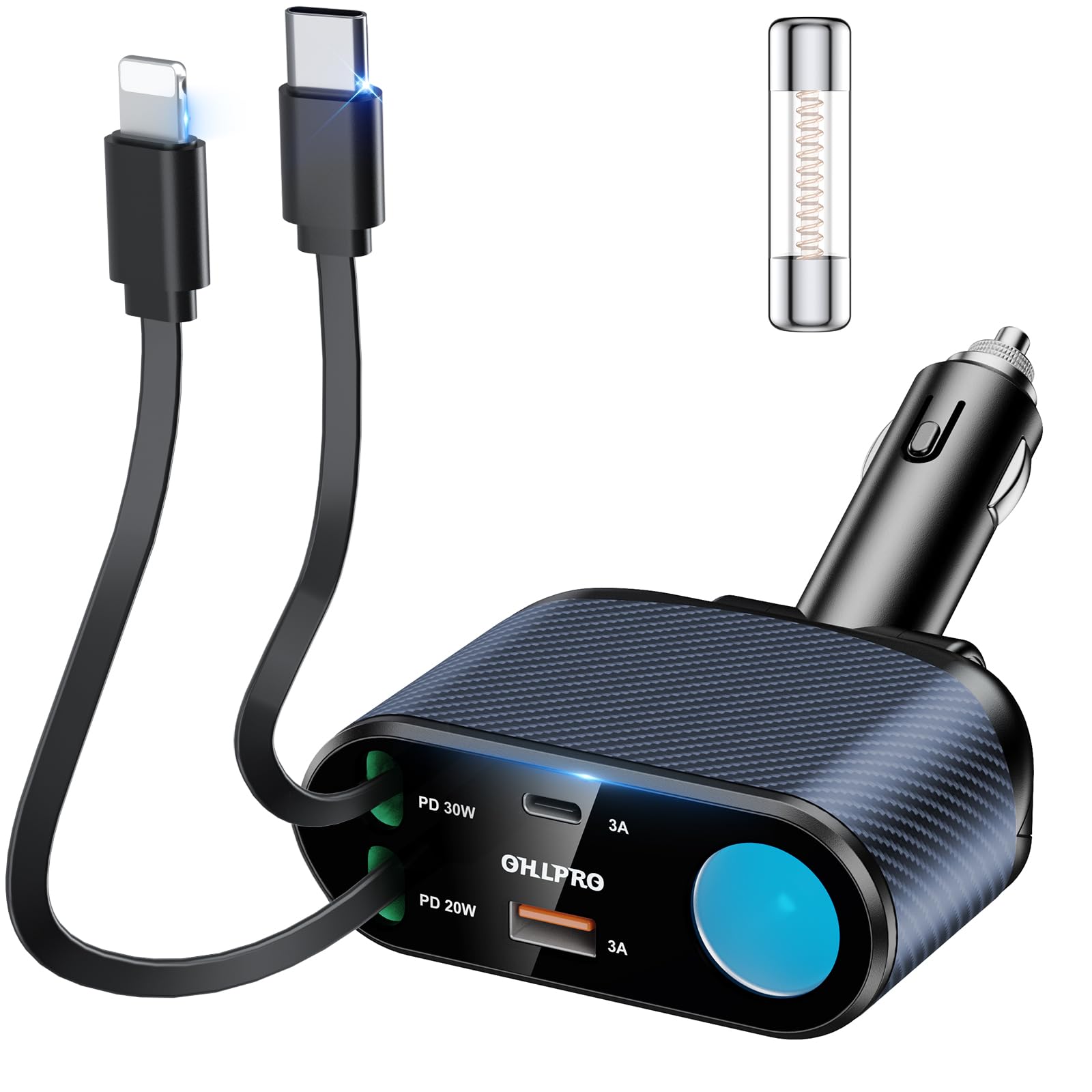 OHLPRO 5 in 1 Retractable Car Charger, 168W USB C Cigarette Lighter Adapter, Fast Car Phone Charger Built-in Replaceable Fuse, Socket Splitter with Dual USB Ports, Fit for Phone iPad Galaxy GPS, Blue