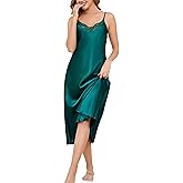 Vlazom Women's Satin Nightgowns Sexy Lingerie Long Nightgowns Satin Silk Negligee V Neck Lace Chemise Sleepwear S-XXL