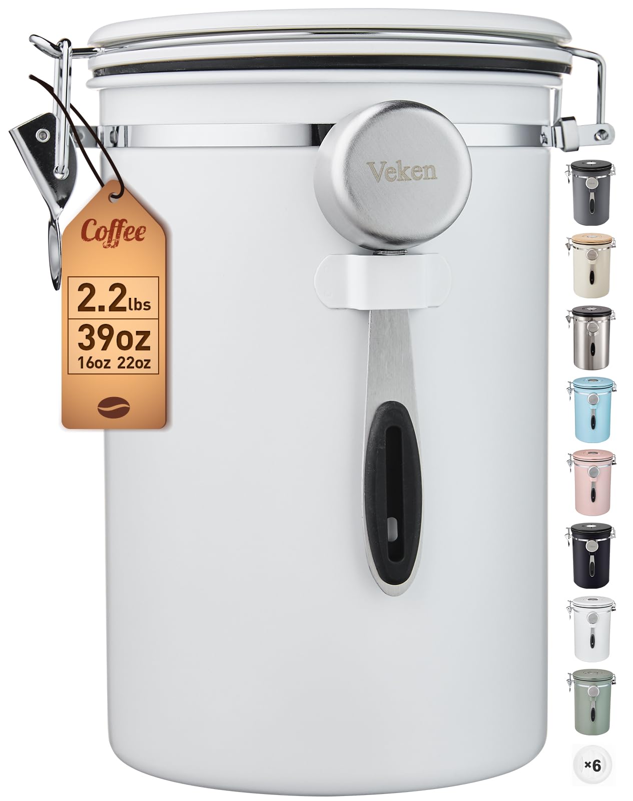 Veken Coffee Canister, 39OZ Large, Airtight Stainless Steel Food Storage Container for 2.2lbs Coffee Beans, Ground, Sugar, Tea, Flour, Cereal, Kitchen Bar Accessories with Date Tracker & Scoop, White Image