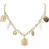 Gold Charm Necklace for Women Charm Necklace Boho Gold Vintage Pearl Head Portrait Square Pendant Necklaces Beach Necklaces Jewelry for Women