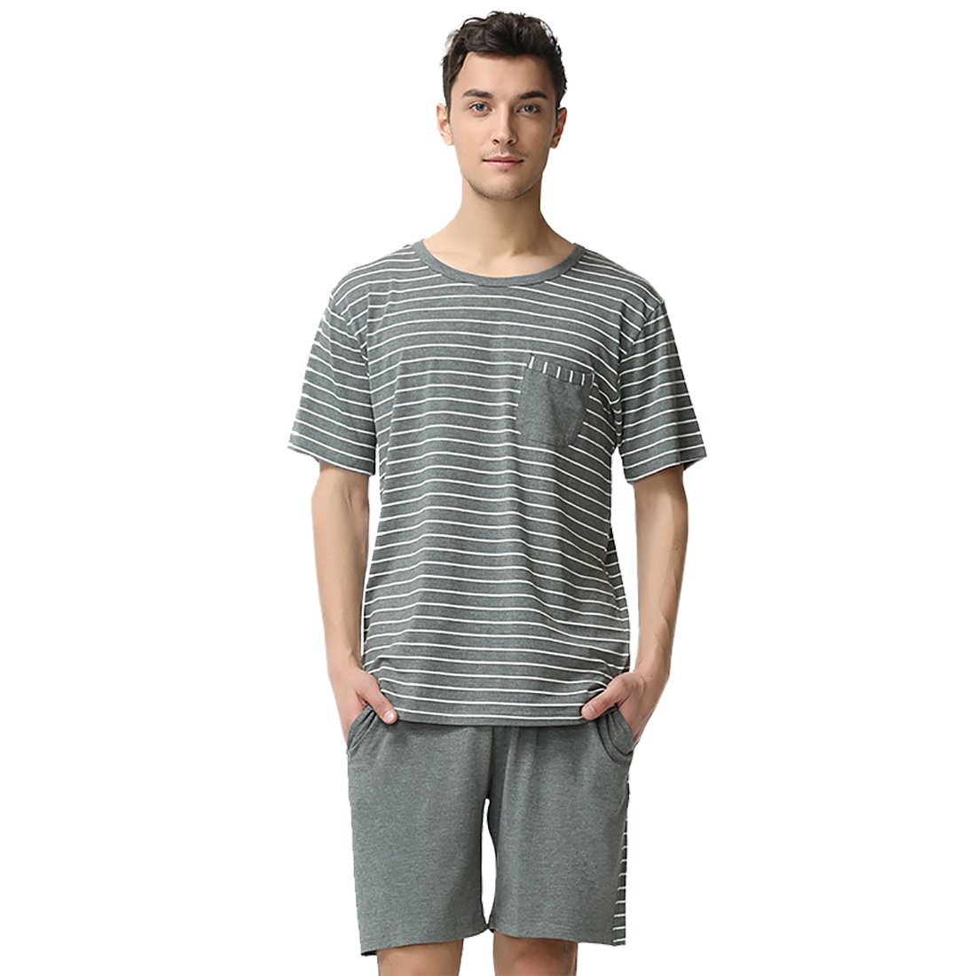 Suntasty Men\'s Summer Sleepwear Striped Short Sleeve Pajama Shorts and Top Set(Grey,L,1001M)