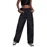 LOOKBOHO Women's Cargo Pants 2025 - High Waist Wide Leg Baggy Casual Drawstring Lightweight Parachute Hiking Trouser Streetwear with Pockets Black Large