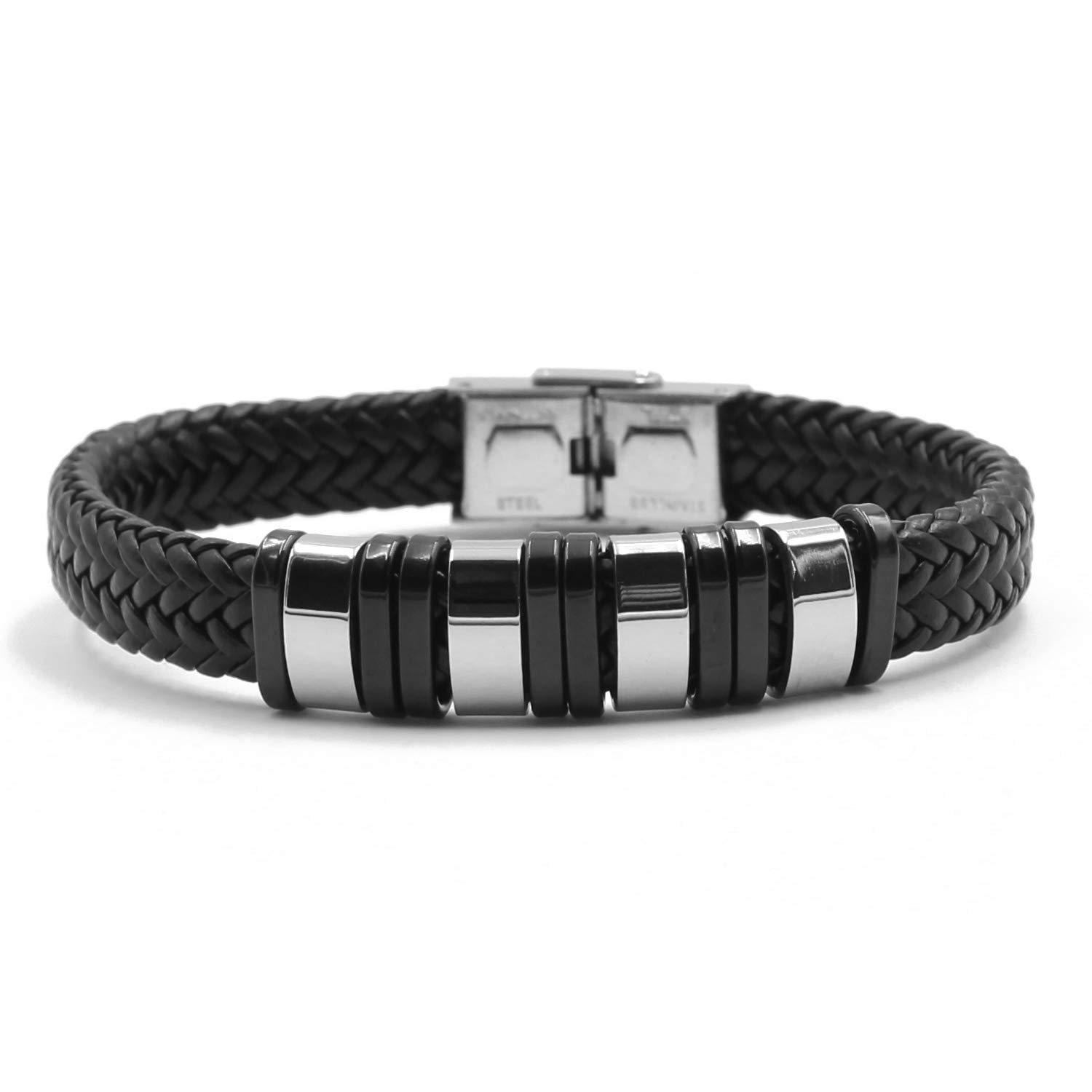 Kigu Black Leather Braided Bracelet with a Silver and Black Casings