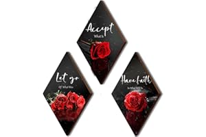 ZINYAZHE 3 Pcs Red Rose Bathroom Wall Decor Flower Red Decor Inspirational Wooden Wall Art Office Wall Decor with Accept Let Go Have Faith Sign for Girl Women Bathroom Living Room Bedroom(Red Rose12 x 7 Inch)